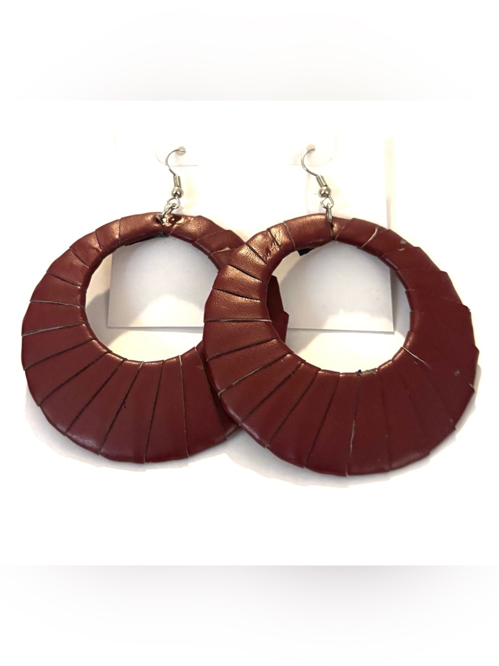 Fashion Jewelry Maroon Leather-Wrapped Hoop Earrings